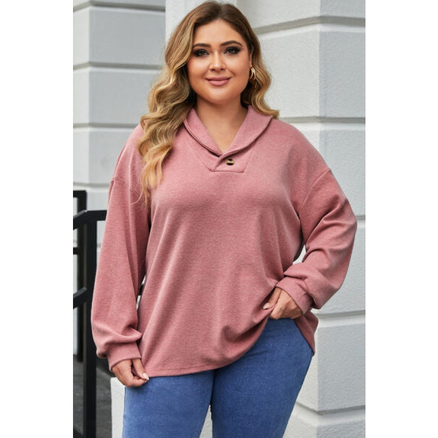 Plus Size Dropped Shoulder Collared Neck T-Shirt Light Mauve / 1XL Clothing