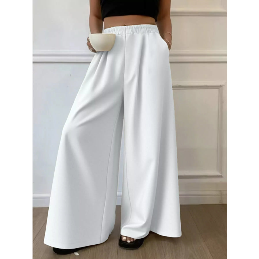 Plus Size Elastic Waist Wide Leg Pants White / XL Apparel and Accessories