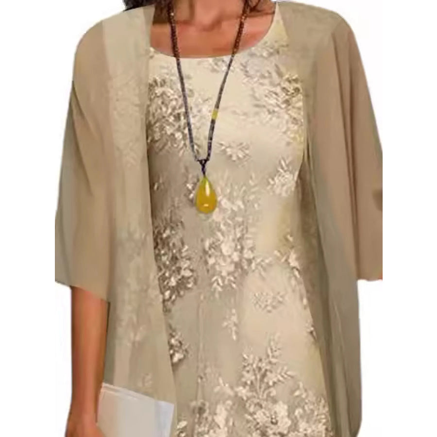 Plus Size Elegant Lace Overlay Dress and Matching Chiffon Cardigan Set Apparel Accessories