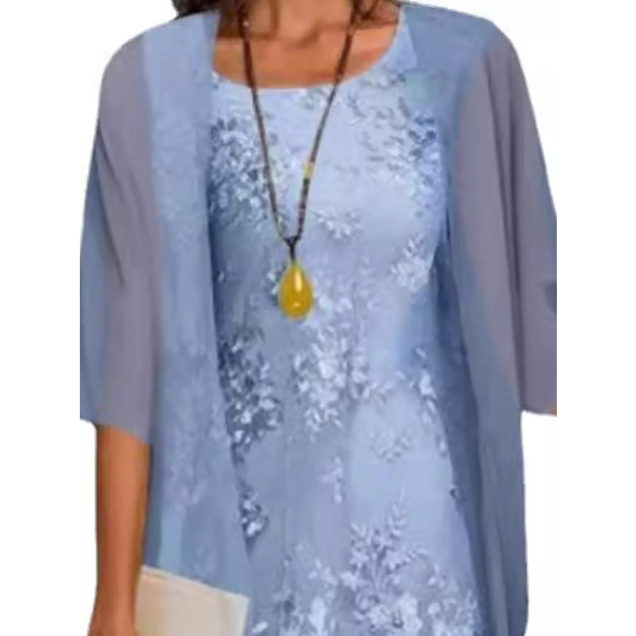 Plus Size Elegant Lace Overlay Dress and Matching Chiffon Cardigan Set Apparel Accessories