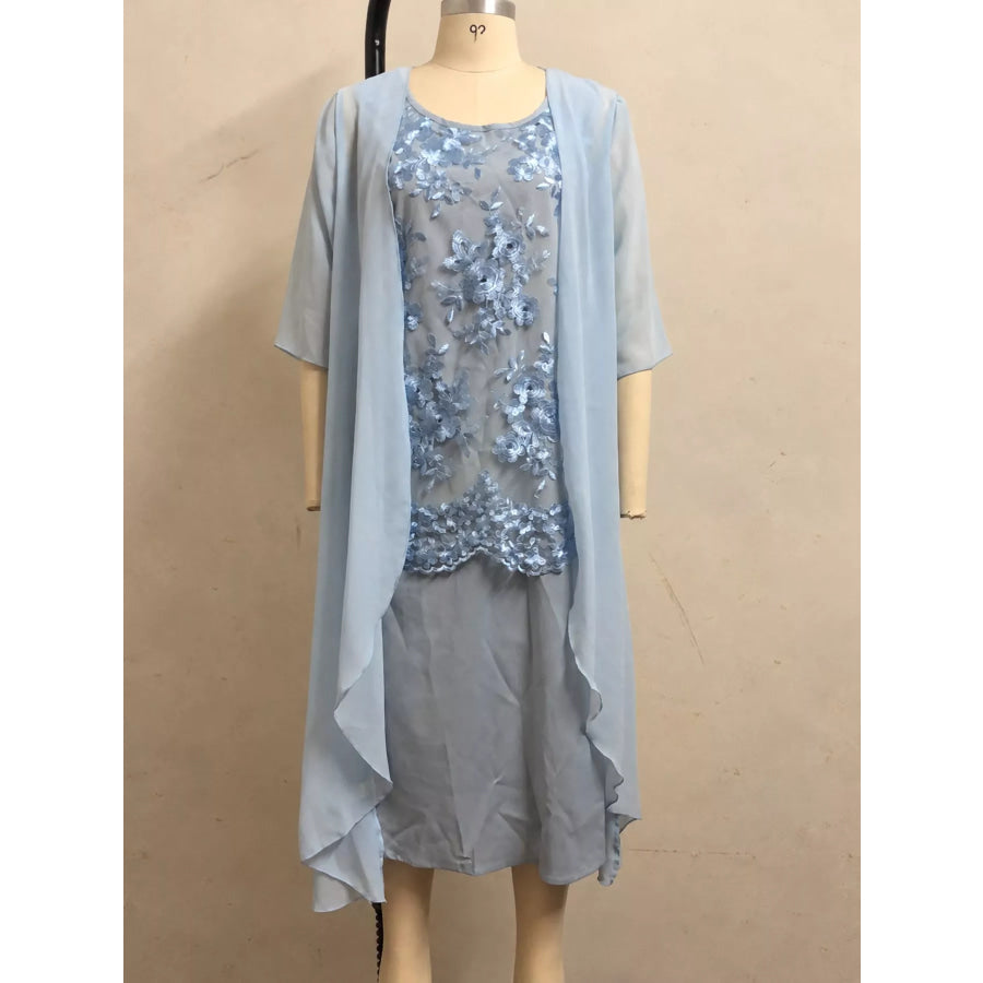 Plus Size Elegant Lace Overlay Dress and Matching Chiffon Cardigan Set Apparel Accessories