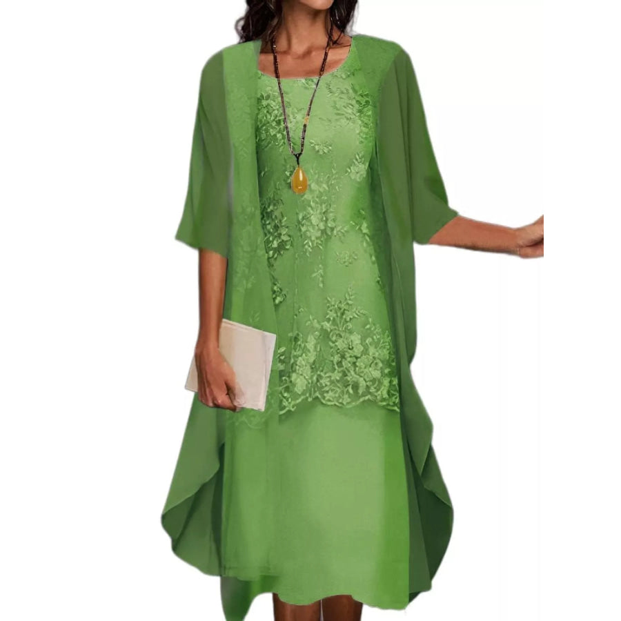 Plus Size Elegant Lace Overlay Dress and Matching Chiffon Cardigan Set Green / M Apparel Accessories