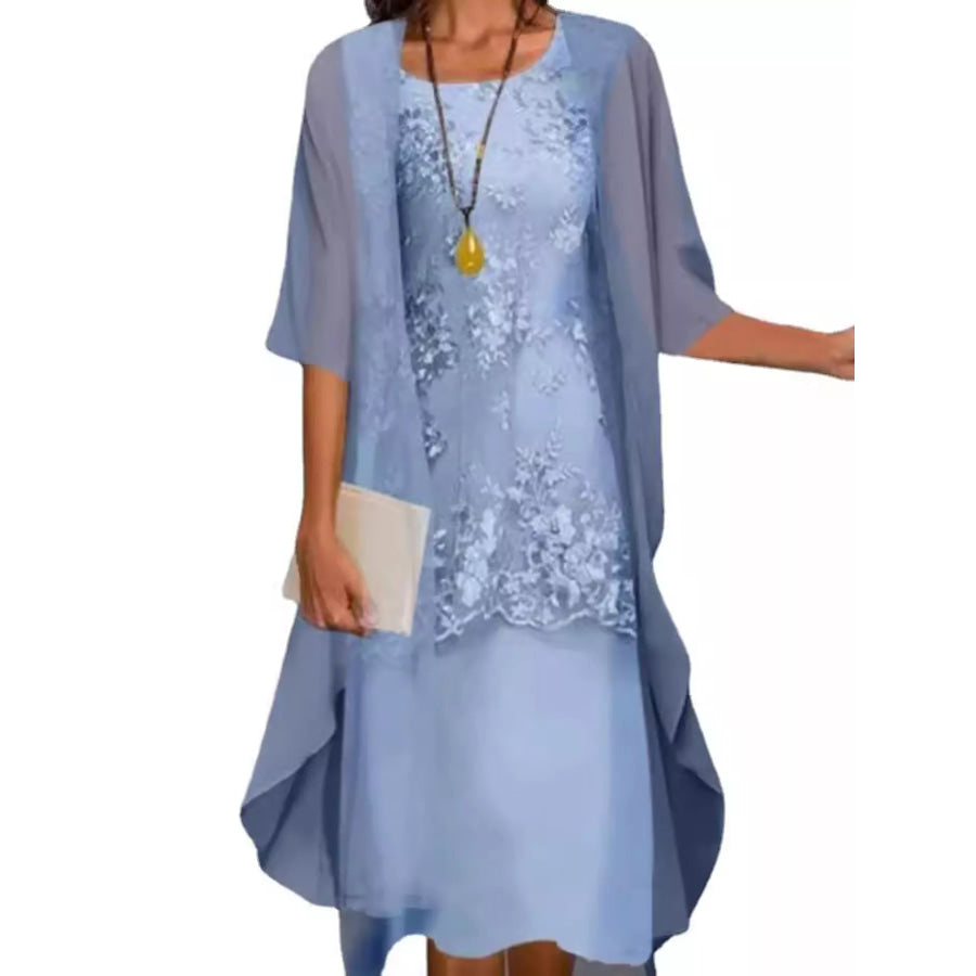 Plus Size Elegant Lace Overlay Dress and Matching Chiffon Cardigan Set Light Blue / M Apparel Accessories