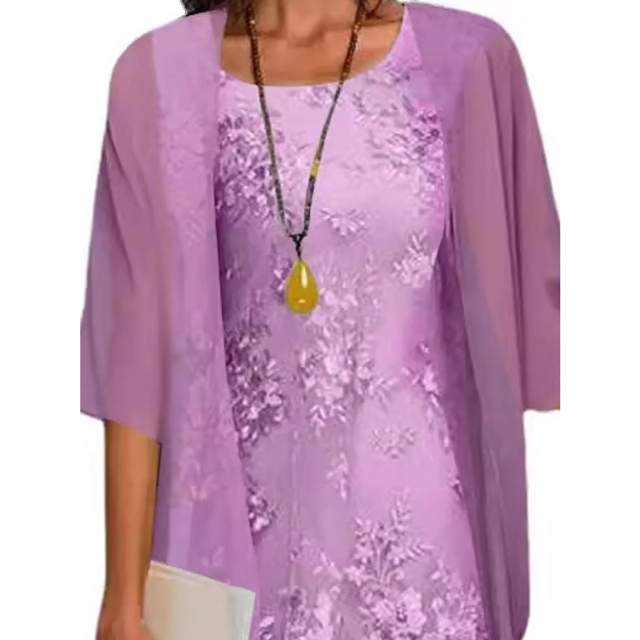 Plus Size Elegant Lace Overlay Dress and Matching Chiffon Cardigan Set Purple / M Apparel Accessories