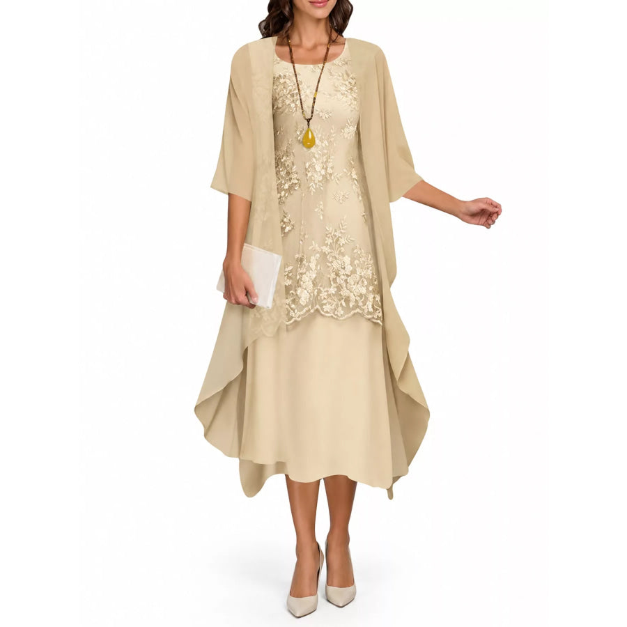 Plus Size Elegant Lace Overlay Dress and Matching Chiffon Cardigan Set Yellow / M Apparel Accessories