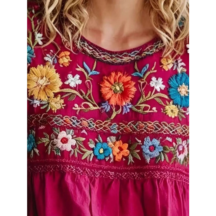 Plus Size Embroidered Floral Short Sleeve Top Apparel and Accessories
