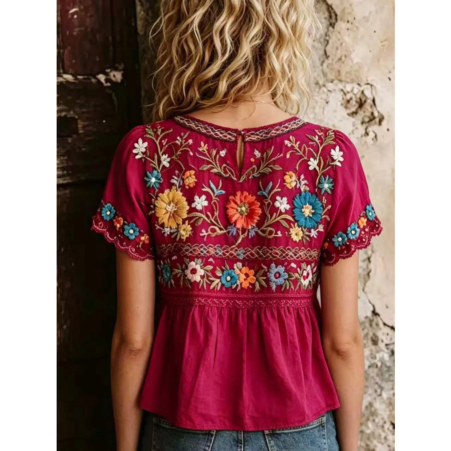 Plus Size Embroidered Floral Short Sleeve Top Apparel and Accessories
