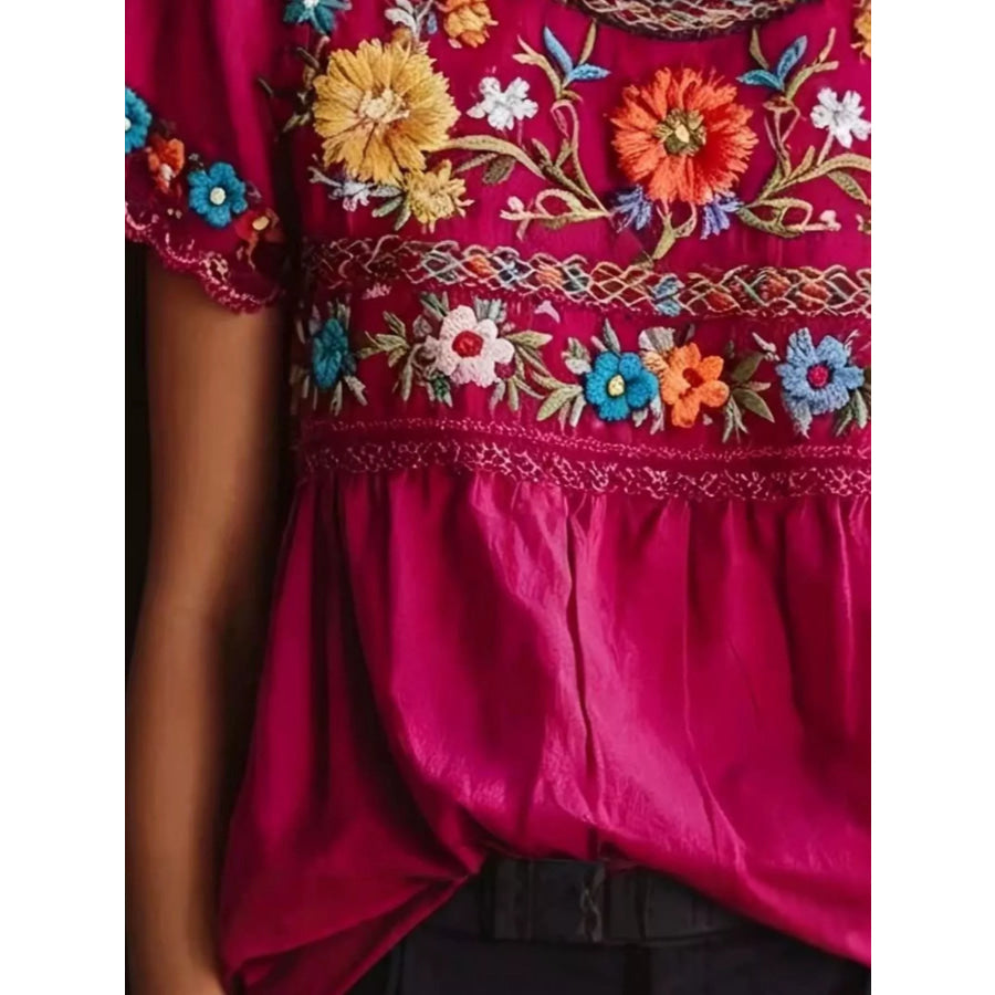 Plus Size Embroidered Floral Short Sleeve Top Apparel and Accessories