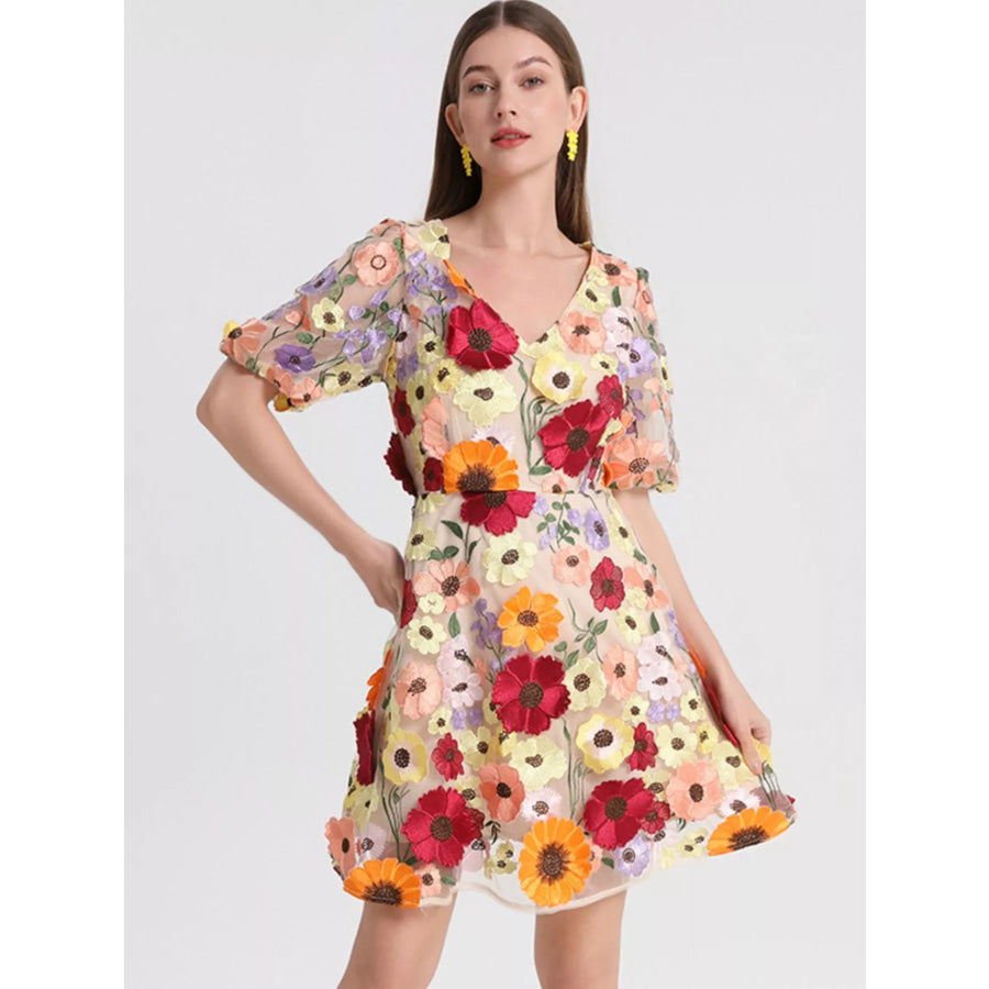 Plus Size Embroidered Floral V-Neck Mini Dress Apparel and Accessories