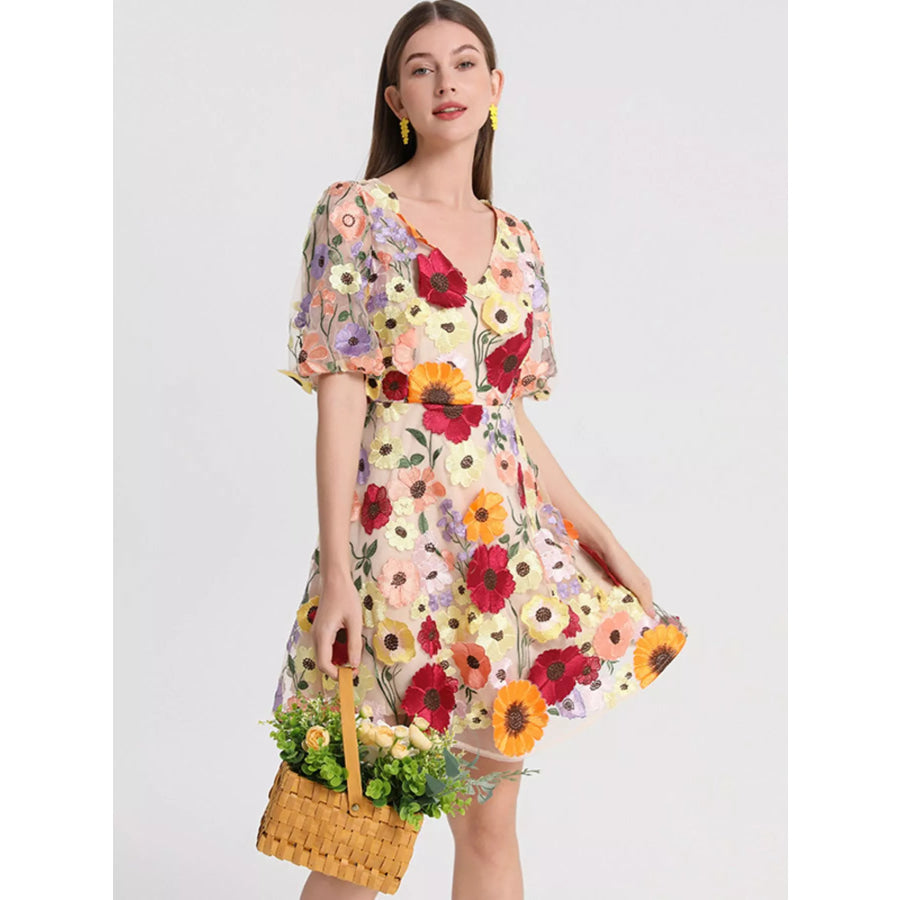 Plus Size Embroidered Floral V-Neck Mini Dress Apparel and Accessories