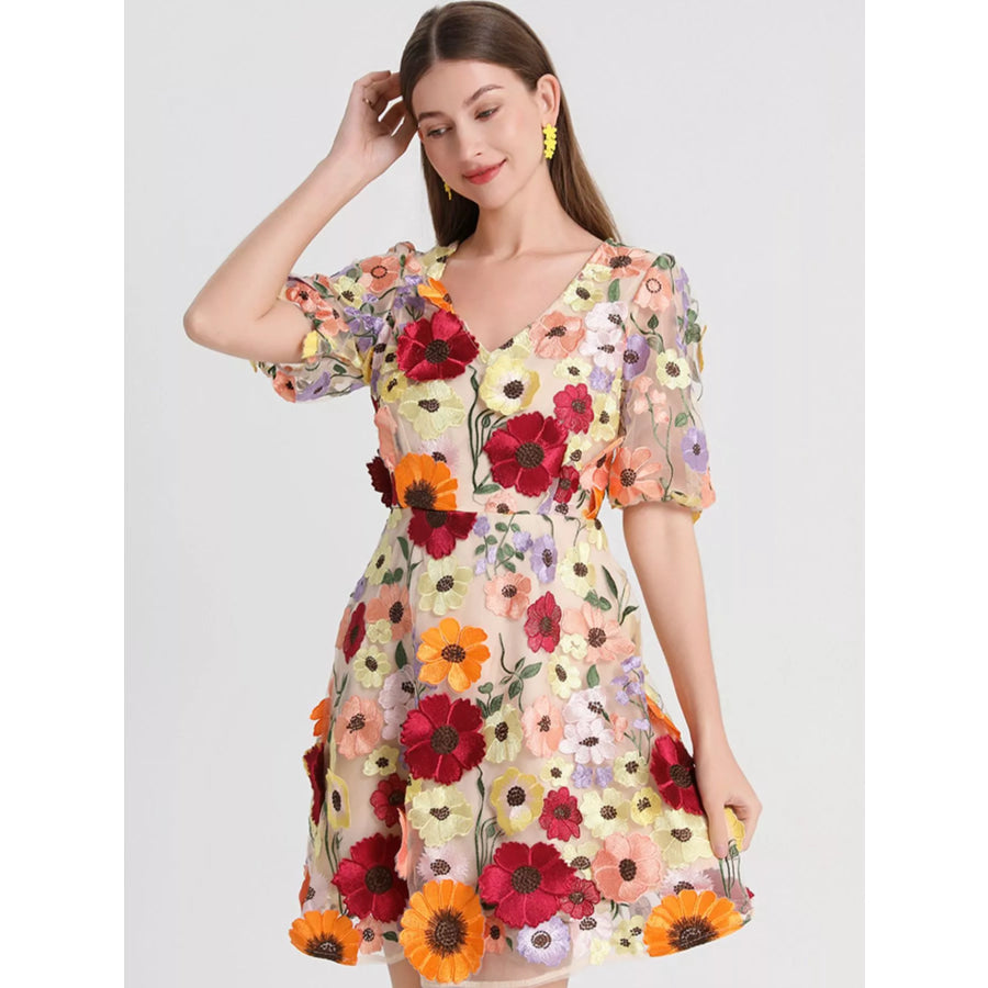 Plus Size Embroidered Floral V-Neck Mini Dress Apricot / M Apparel and Accessories