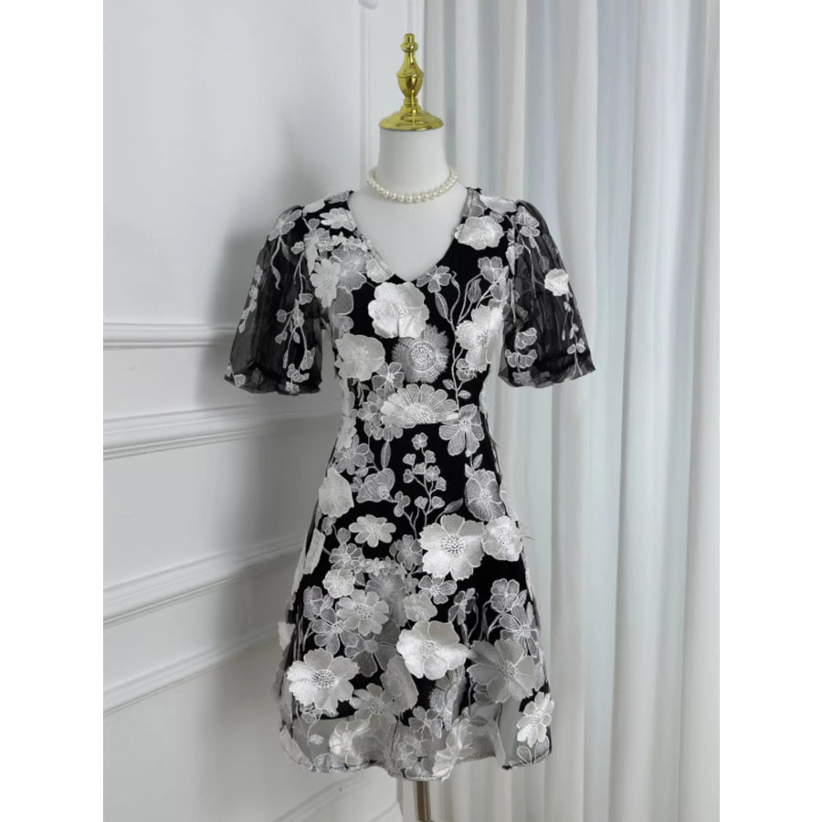 Plus Size Embroidered Floral V-Neck Mini Dress Black And White / M Apparel and Accessories