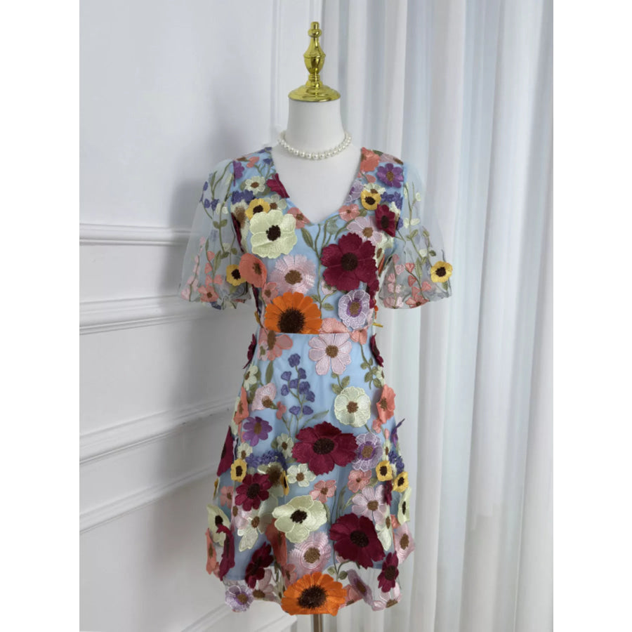 Plus Size Embroidered Floral V-Neck Mini Dress Blue / M Apparel and Accessories