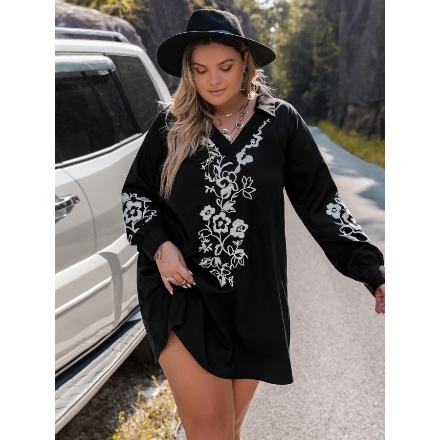 Plus Size Embroidered Long Sleeve Mini Dress Apparel and Accessories
