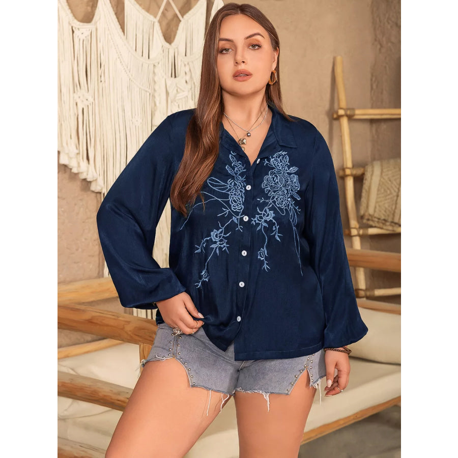 Plus Size Embroidered Long Sleeve Shirt Apparel and Accessories
