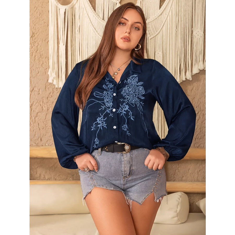 Plus Size Embroidered Long Sleeve Shirt Apparel and Accessories