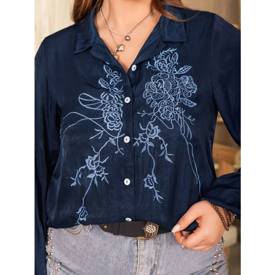 Plus Size Embroidered Long Sleeve Shirt Apparel and Accessories