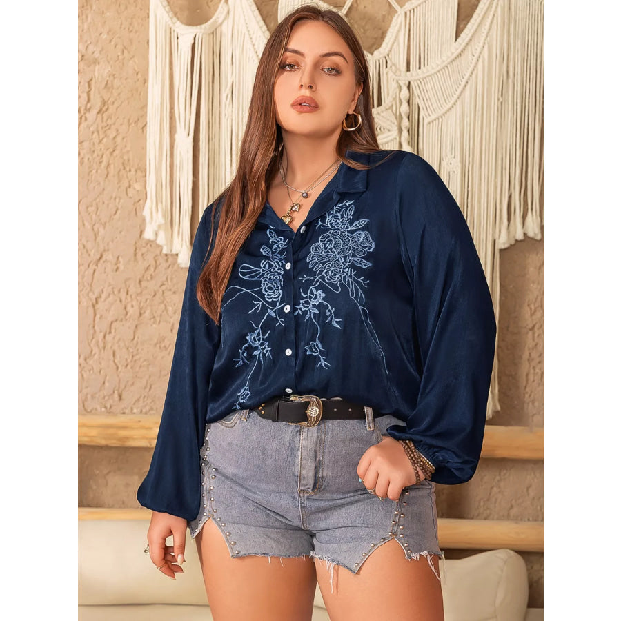 Plus Size Embroidered Long Sleeve Shirt Dark Blue / 0XL Apparel and Accessories