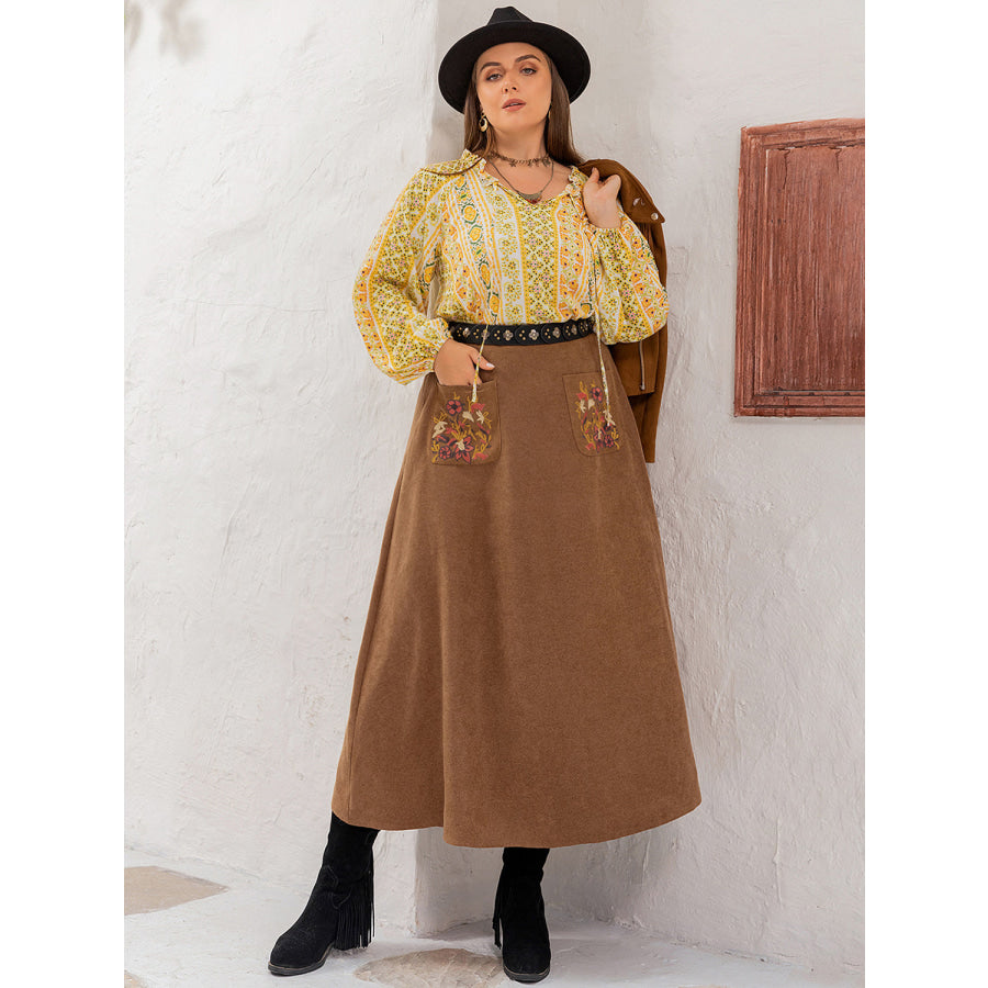 Plus Size Embroidered Pocketed High Waist Skirt Apparel and Accessories