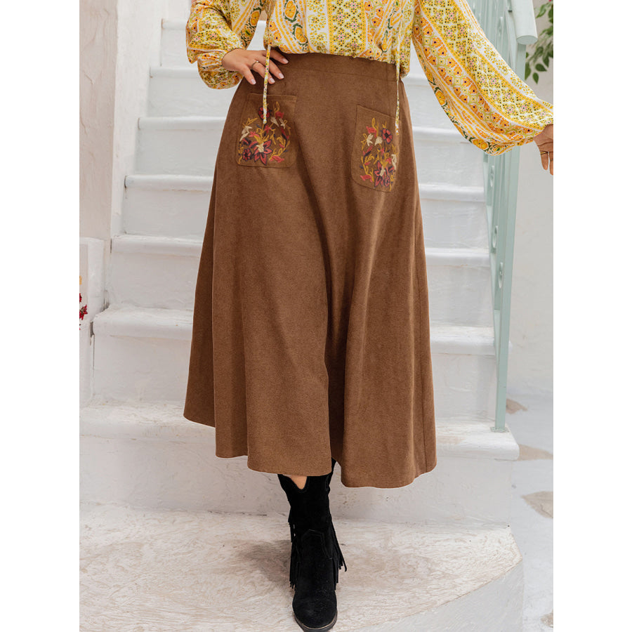 Plus Size Embroidered Pocketed High Waist Skirt Apparel and Accessories