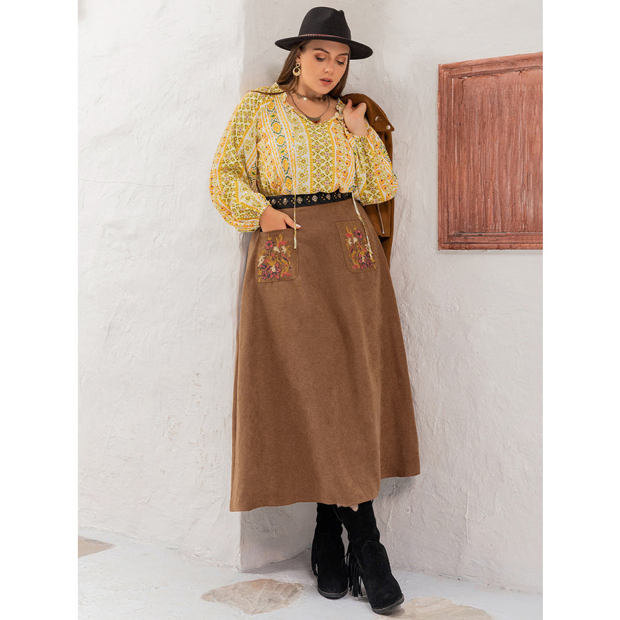 Plus Size Embroidered Pocketed High Waist Skirt Apparel and Accessories