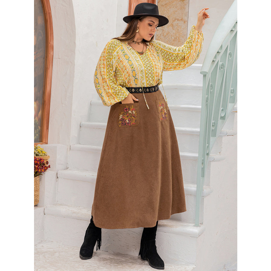 Plus Size Embroidered Pocketed High Waist Skirt Apparel and Accessories