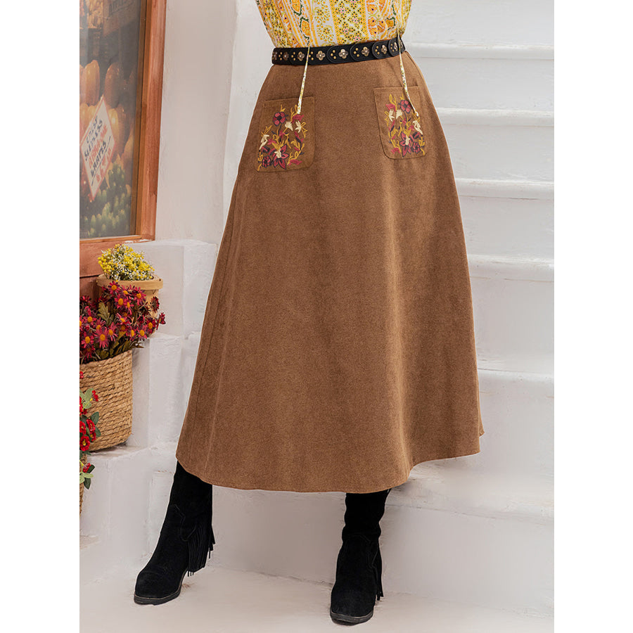 Plus Size Embroidered Pocketed High Waist Skirt Caramel / 0XL Apparel and Accessories