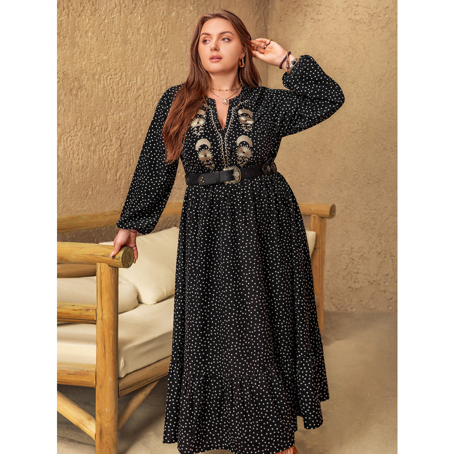 Plus Size Embroidered Polka Dot Notched Long Sleeve Dress Apparel and Accessories