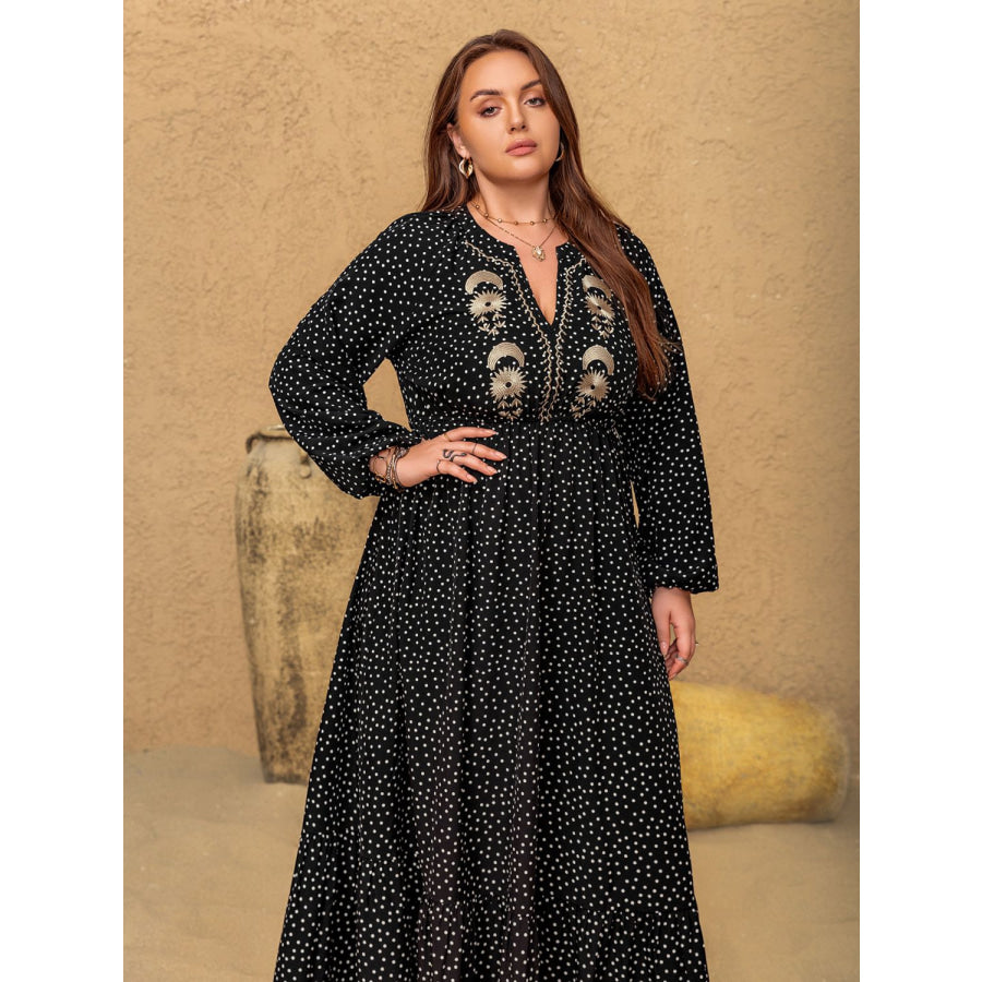 Plus Size Embroidered Polka Dot Notched Long Sleeve Dress Apparel and Accessories