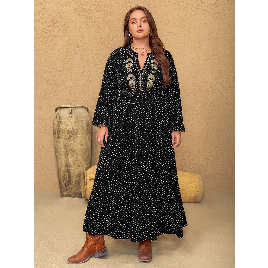 Plus Size Embroidered Polka Dot Notched Long Sleeve Dress Apparel and Accessories