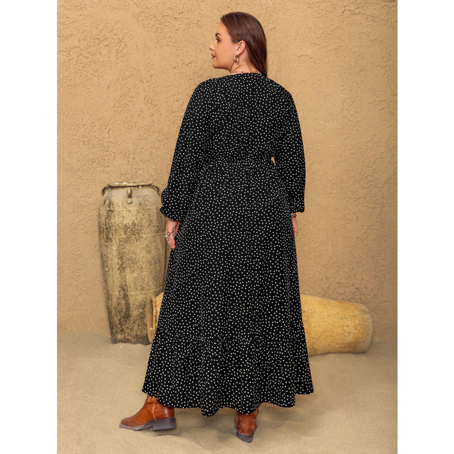 Plus Size Embroidered Polka Dot Notched Long Sleeve Dress Apparel and Accessories