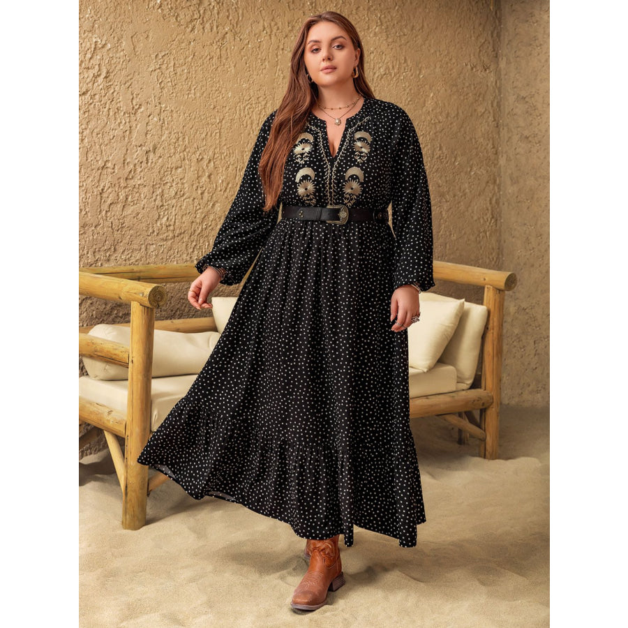 Plus Size Embroidered Polka Dot Notched Long Sleeve Dress Black / 0XL Apparel and Accessories