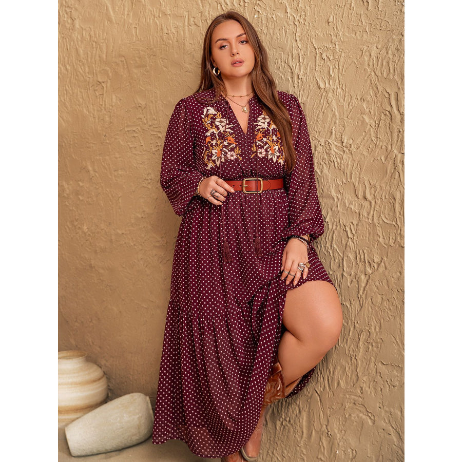 Plus Size Embroidered Polka Dot Tie Neck Long Sleeve Midi Dress Apparel and Accessories