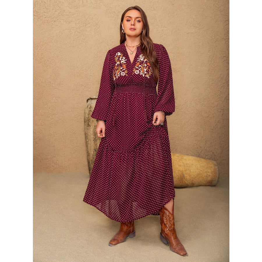 Plus Size Embroidered Polka Dot Tie Neck Long Sleeve Midi Dress Apparel and Accessories