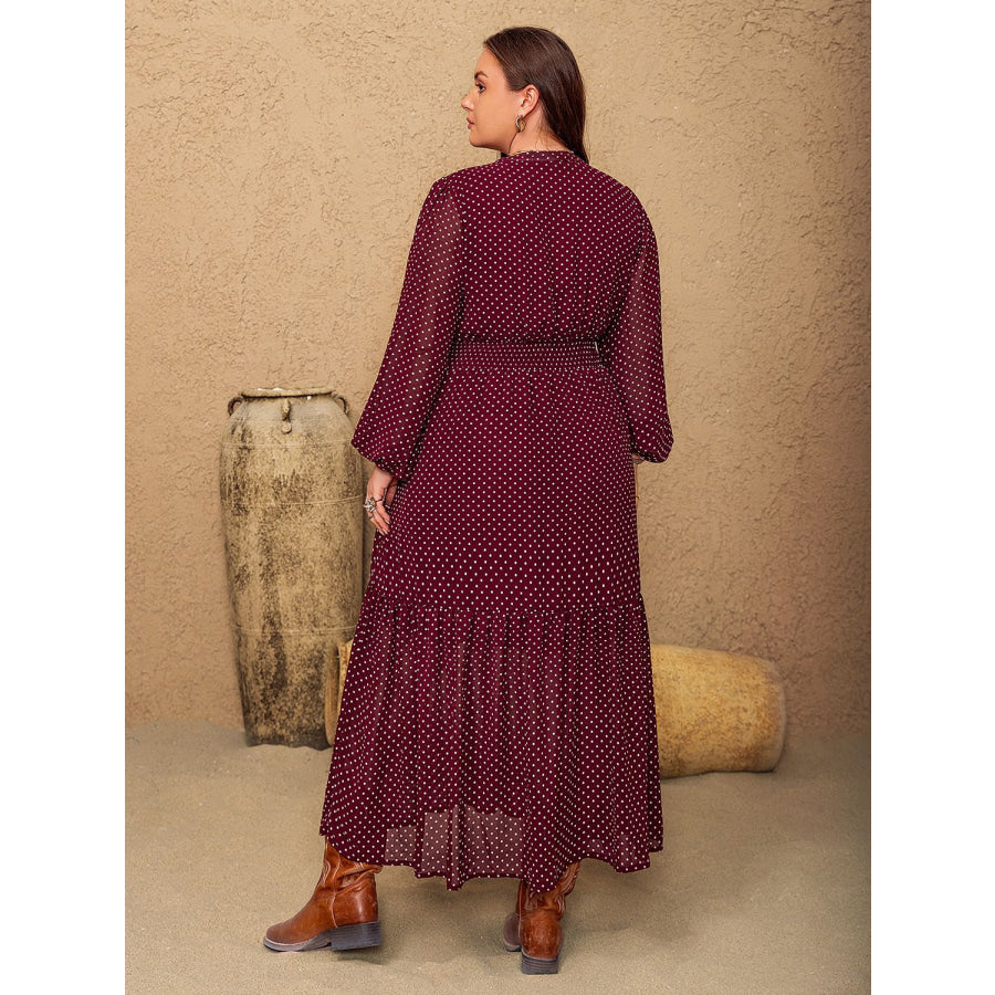 Plus Size Embroidered Polka Dot Tie Neck Long Sleeve Midi Dress Apparel and Accessories