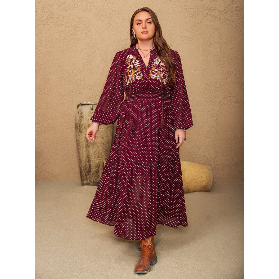 Plus Size Embroidered Polka Dot Tie Neck Long Sleeve Midi Dress Apparel and Accessories