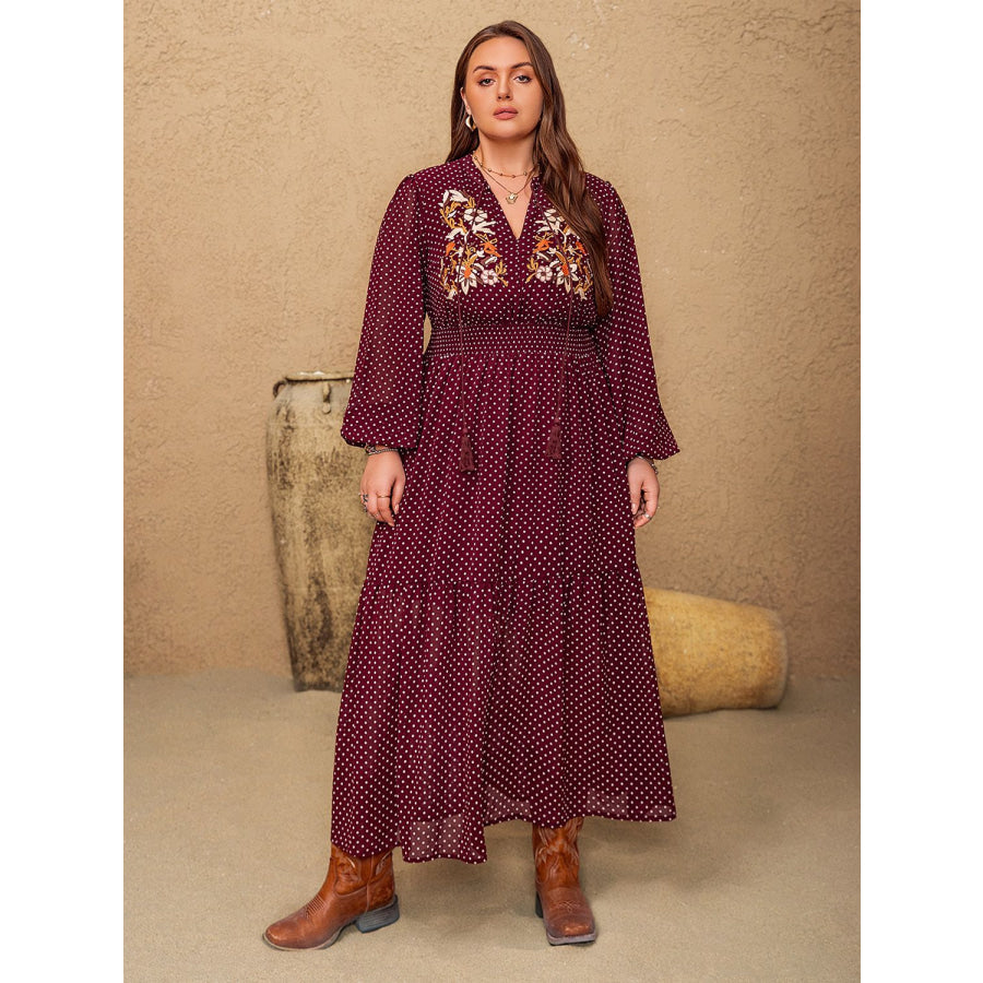 Plus Size Embroidered Polka Dot Tie Neck Long Sleeve Midi Dress Burgundy / 0XL Apparel and Accessories