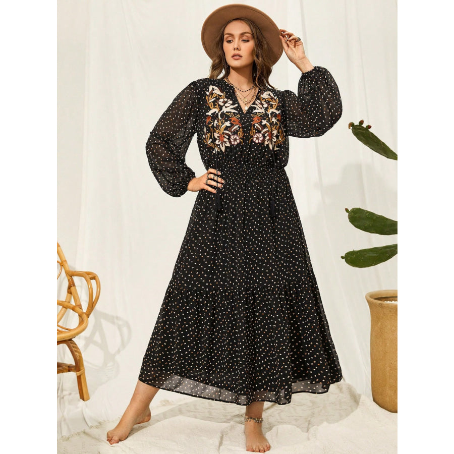 Plus Size Embroidered Tassel Balloon Sleeve Dress Black / 0XL Apparel and Accessories
