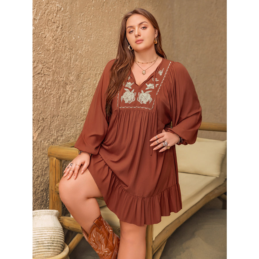 Plus Size Embroidered Tie Neck Balloon Sleeve Mini Dress Apparel and Accessories