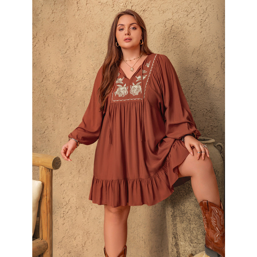 Plus Size Embroidered Tie Neck Balloon Sleeve Mini Dress Apparel and Accessories