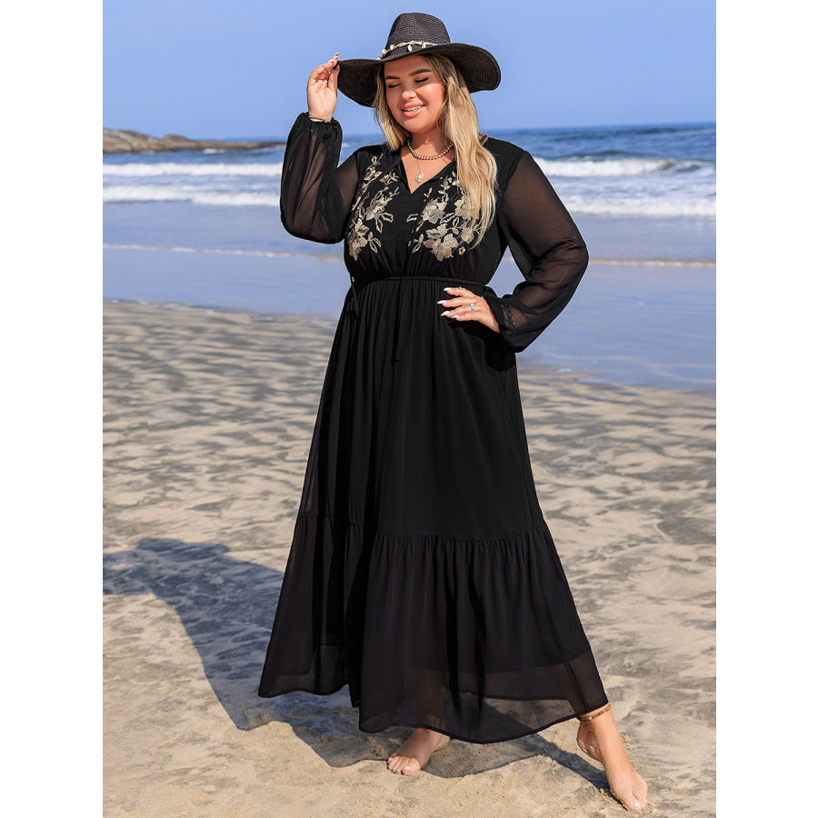 Plus Size Embroidered Tie Neck Long Sleeve Dress Apparel and Accessories