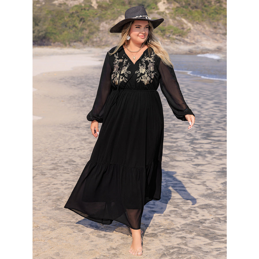 Plus Size Embroidered Tie Neck Long Sleeve Dress Apparel and Accessories