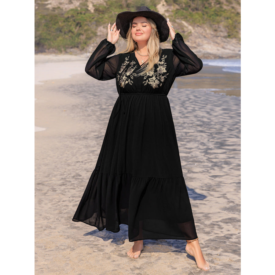 Plus Size Embroidered Tie Neck Long Sleeve Dress Apparel and Accessories