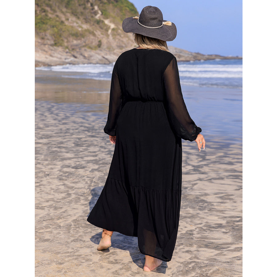 Plus Size Embroidered Tie Neck Long Sleeve Dress Apparel and Accessories