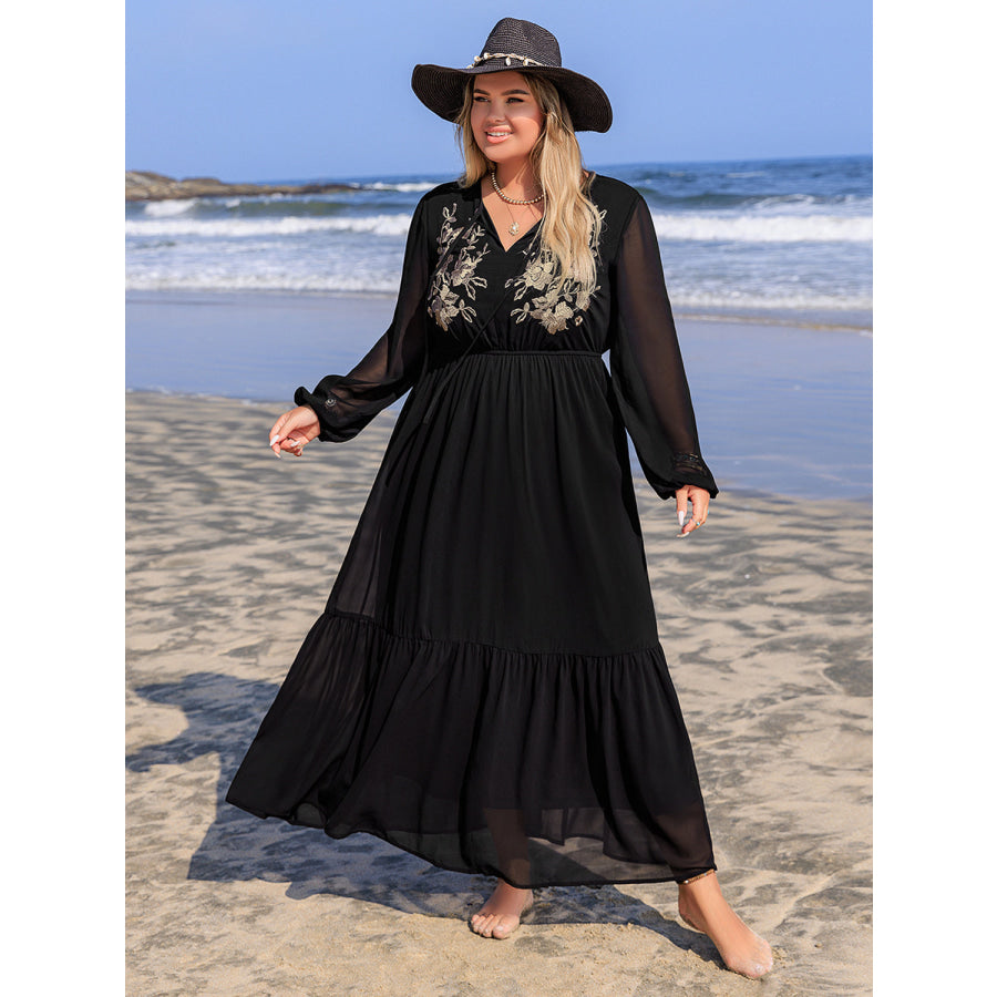 Plus Size Embroidered Tie Neck Long Sleeve Dress Black / 0XL Apparel and Accessories