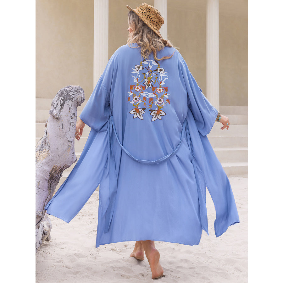 Plus Size Embroidered Tied Open Front Cover Up Shirts &amp; Tops