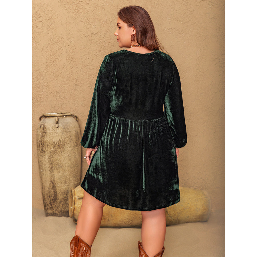 Plus Size Embroidered V-Neck Long Sleeve Dress Black Forest / 0XL Apparel and Accessories