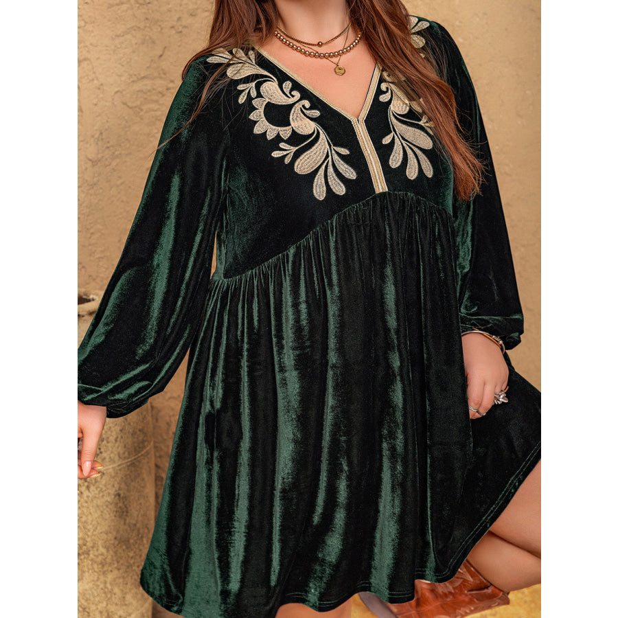 Plus Size Embroidered V-Neck Long Sleeve Dress Apparel and Accessories