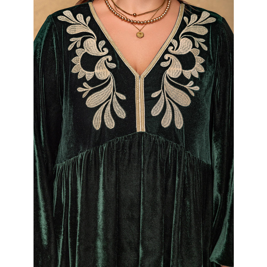 Plus Size Embroidered V-Neck Long Sleeve Dress Apparel and Accessories