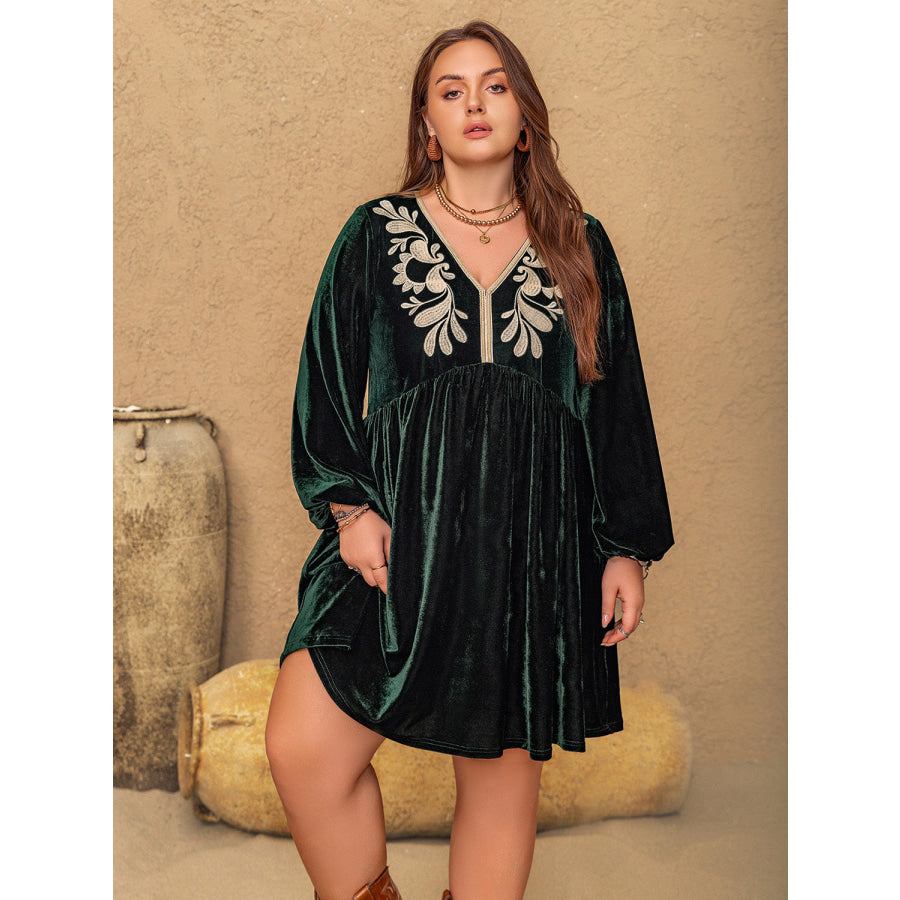 Plus Size Embroidered V-Neck Long Sleeve Dress Black Forest / 0XL Apparel and Accessories